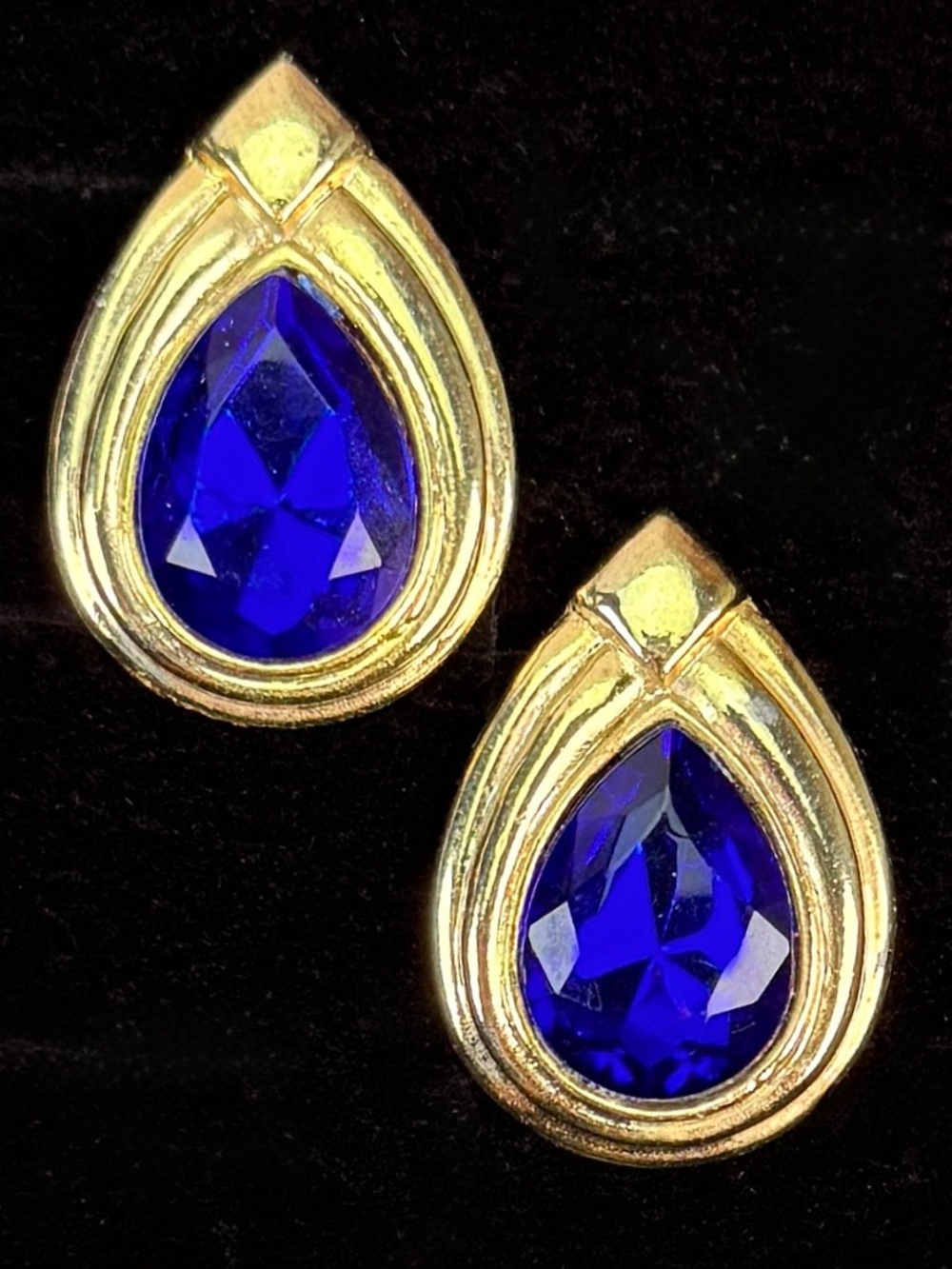 Vintage Gold Tone Blue Teardrop Statement Earrings